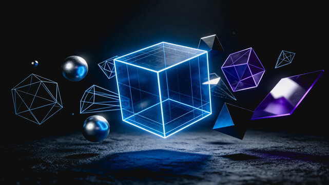 Neon Wireframe Geometric Shapes Floating in Dark Space