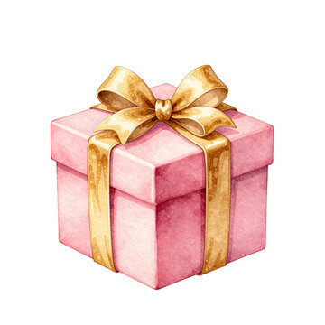 Pink gift box with a golden ribbon and bow on a white background
