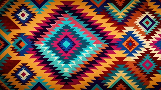 Colorful geometric pattern with southwestern style. Vibrant tribal design features bright diamond shapes, zigzag lines. Native American inspired textile motif with warm orange, blue, pink hues.