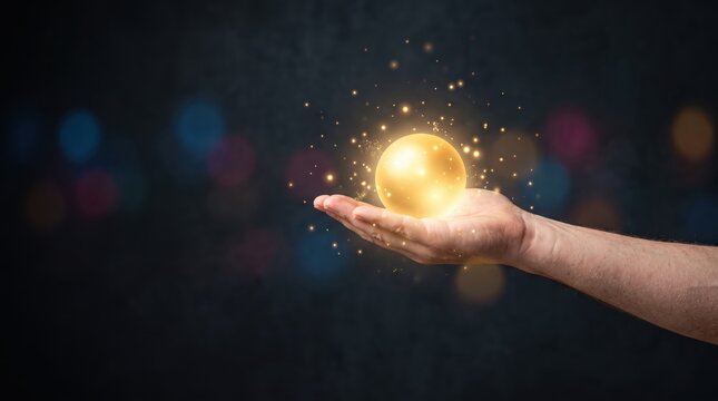 Hand holding glowing golden sphere with sparkling particles against dark background, magic concept for success, wealth, energy, power, and future innovation.