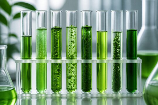 Test tubes containing green liquid samples on rack