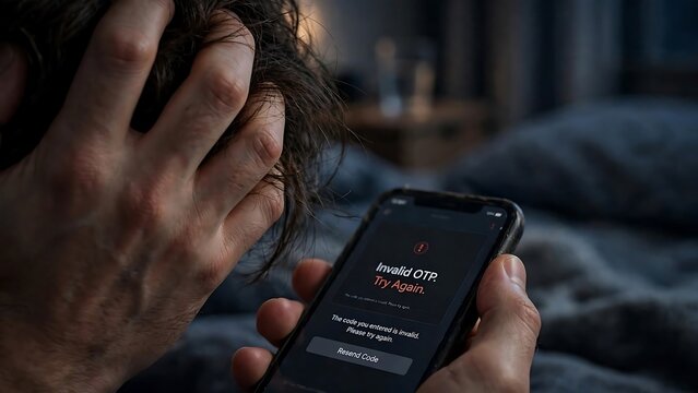 A frustrated person reacts to an "Invalid OTP" message on their smartphone, indicating a failed step in a digital transaction or online authentication.