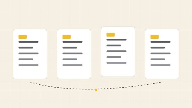 Four document pages with text lines and yellow headers connected by a dotted line
