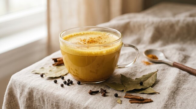 Warm golden turmeric latte in clear glass cup, garnished with spices on linen cloth, surrounded by cinnamon sticks, bay leaves, cloves, healthy wellness drink concept