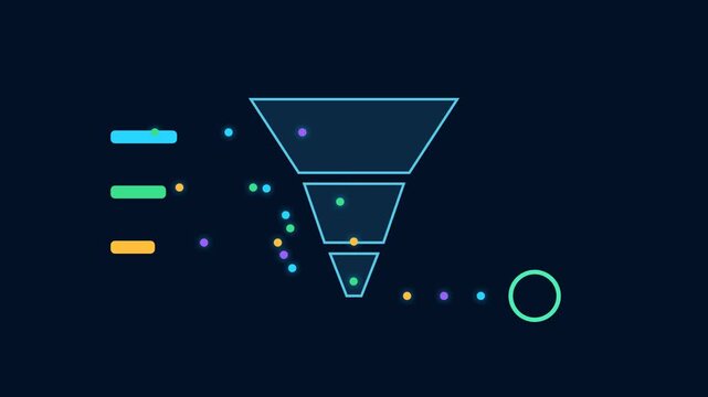 Abstract data funnel with glowing particles and geometric shapes on dark background