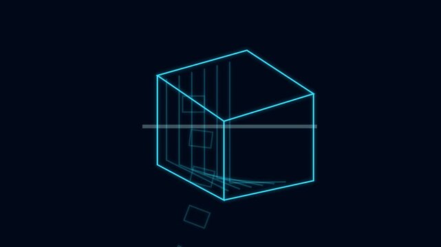Abstract blue wireframe cube on dark background with digital grid lines