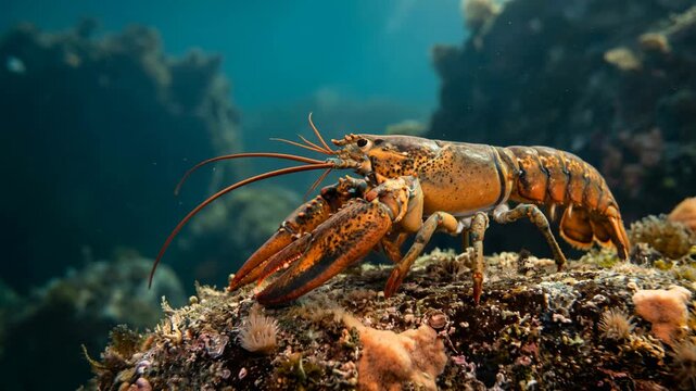 lobster underwater close up at morning light in maine usa rocky seafloor video