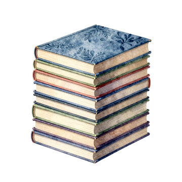 Stack of antique hardback books with decorative blue cover on top