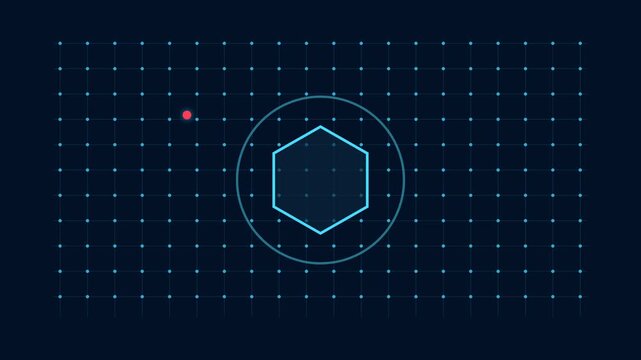 Futuristic HUD interface with glowing blue hexagon and grid pattern on dark background