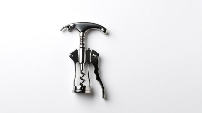 Metal corkscrew with spiral worm and lever arms rests on plain white surface. Tool opens wine bottles for drinks. Object for bar kitchen home.