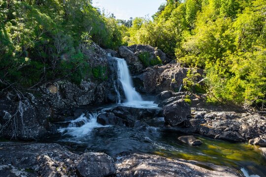Salto Chaicas waterfall on Rio Chaicas, stream flowing through temperate rainforest, long exposure, Parque Nacional Alerce Andino, Ruta de los Parques, PatAgonia Verde, Llanquihue, Los Lagos, Chile
