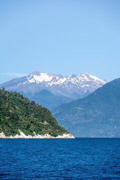 Yates volcano, Reloncav&iacute; fjord, fjord landscape with mountains, fjord crossing at Carretera Austral Los Lagos, Patagonia Verde, Chile