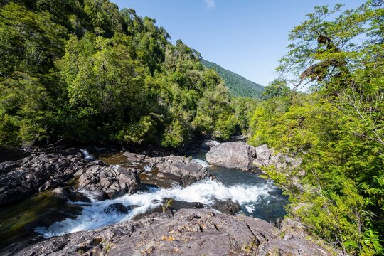 Salto Chaicas waterfall on Rio Chaicas, stream flowing through temperate rainforest, Parque Nacional Alerce Andino, Ruta de los Parques, Patagonia Verde, Llanquihue, Los Lagos, Chile