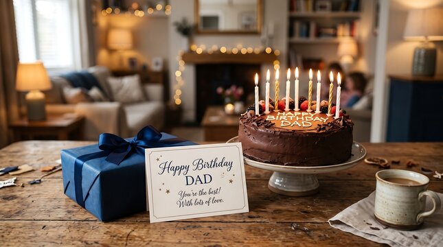 Chocolate Birthday Cake and Wrapped Gift for Father's Birthday Celebration