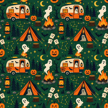 Halloween camping seamless pattern, spooky ghosts and campfires on dark green background, cute autumn holiday wrapping paper design