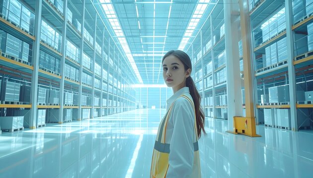 Mujer caminando por un gran almac&eacute;n automatizado con estanter&iacute;as altas, cajas y pasillos iluminados en tonos azules