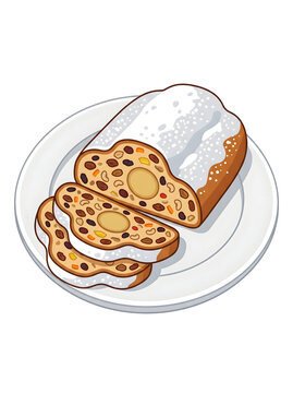German Christmas Stollen bread vector illustration sliced on white plate with marzipan center, dried fruits, and powdered sugar isolated on transparent background, holiday bakery clipart