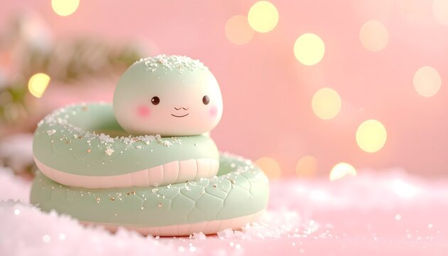 Peque&ntilde;a serpiente de estilo tierno en tonos verde menta sobre una superficie rosa con fondo desenfocado y luces suaves