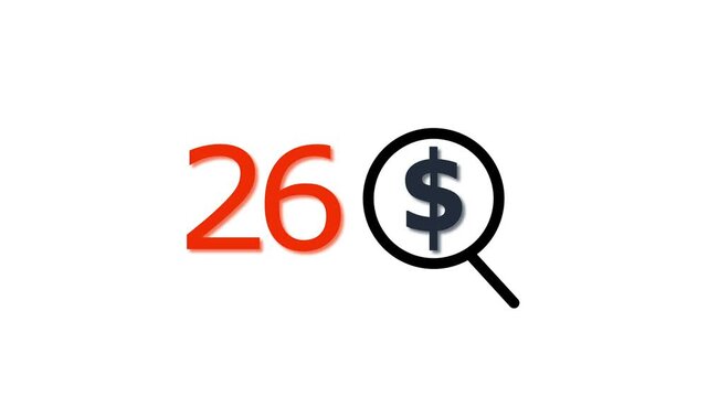 26 dollar price tag with magnifying glass animation for e-commerce and financial marketing search discount