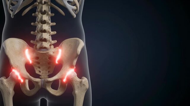 3D medical animation showing a close-up of the human skeletal system focusing on the lumbar spine and pelvis against a dark background.