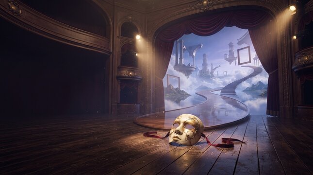 Theatrical mask resting on a wooden stage in a dimly lit vintage theater