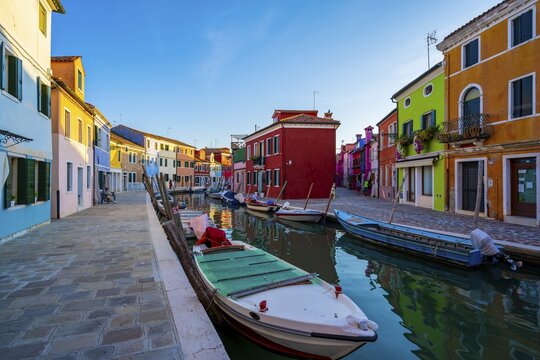 Canal with boats, Colorful houses, Colorful facades, Burano Island, Venice, Veneto, Italy