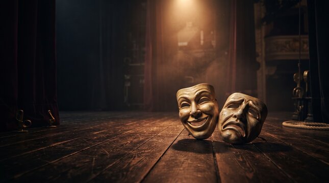 Comedy and tragedy theatrical masks resting on a wooden stage floor in a dark theater