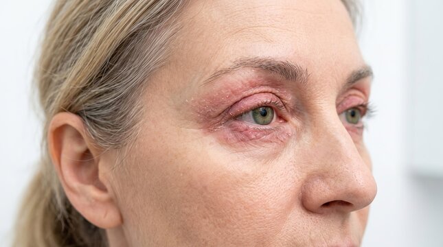 Close-Up of Eyelid Dermatitis and Red Flaky Skin Around Woman Eye