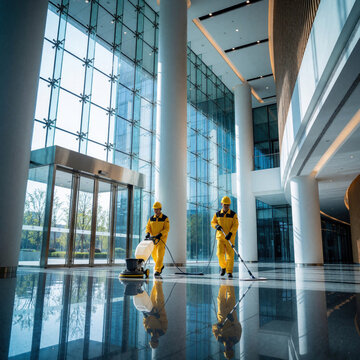 Two janitors in yellow uniforms clean modern office lobby floor. One uses buffer machine, other mops shiny surface near glass entrance. Team maintains building hygiene.