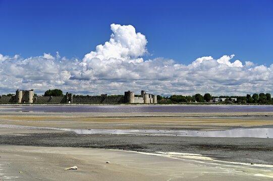 Salt marshes of the Salins du Midi, behind the historic city wall, Aigues-Mortes, Camargue, southern France, France