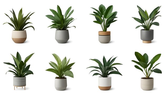 Diverse Collection of Eight Popular Potted Houseplants in Stylish Modern Containers, Indoor Greenery and Botanical Home Decor Arrangement
