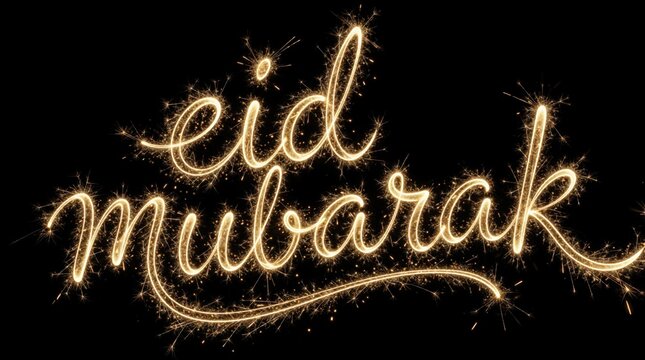 Golden eid mubarak script formed by sparkler light writing glows against dark background. Festive celebration greeting for Islamic holidays wishes good fortune.