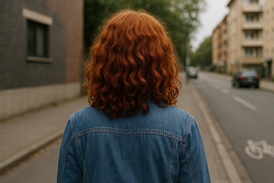 Redhead walking urban street.