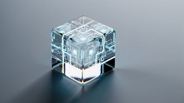 Glass cube with illuminated circuit patterns rests on a dark surface. This abstract geometric shape suggests digital data, cyber security, and innovative tech concepts.