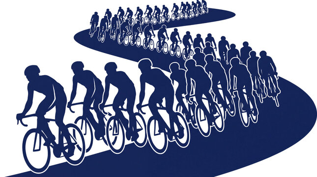 Professional cycling race silhouette, group of cyclists on winding road, navy blue peloton competition graphic on white background