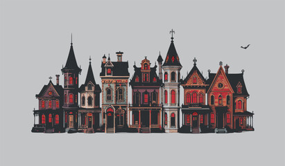 Fototapeta premium Detailed Victorian Gothic haunted house streetline vector illustration with red glowing windows.