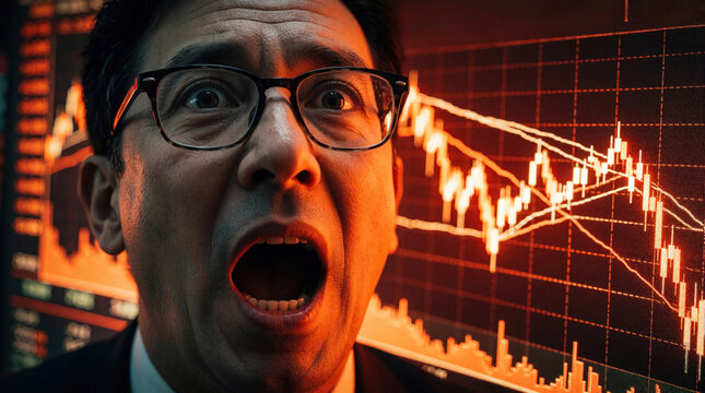 Man wears glasses, mouth open wide in shock, gazes at red falling stock market graph. Business crisis and financial loss expressed intensely.