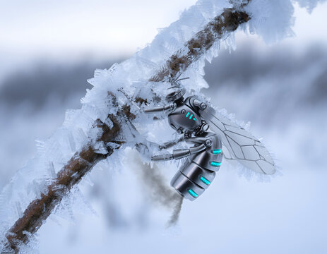 Futuristic robotic bee perched on frozen branch, metallic mechanical insect with glowing blue lights in winter landscape. Cybernetic bionic hornet on ice covered twig