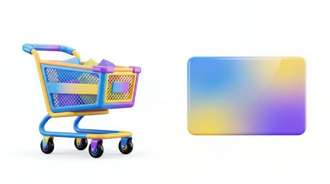 3D e-commerce illustration featuring a shopping cart and credit card, isolated on white for online payment, digital shopping, retail and financial transaction concepts.