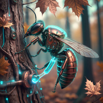 Steampunk mechanical bee on autumn tree trunk, robotic insect with glowing blue bioluminescent energy and copper gears, futuristic cyborg hornet in fall forest