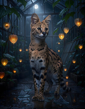 Exotic serval cat standing in a dark greenhouse at night, wild spotted feline in a botanical conservatory with glowing lanterns, majestic african serval surrounded by tropical plants and