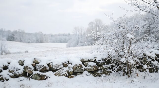 Snow-covered stone wall in a serene winter landscape