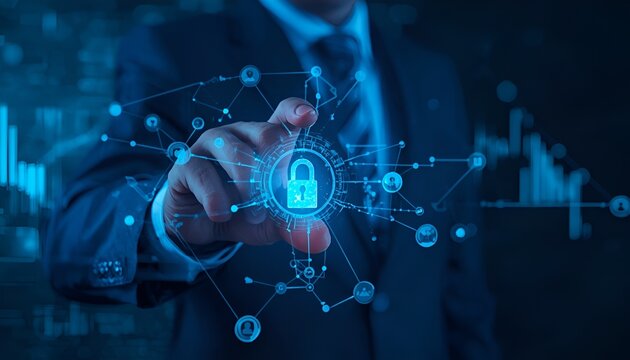 Cybersecurity and Privacy Concept with Businessman Protecting a Person, Digital Lock Icon and Internet Network Representing Data Security, Online Protection and Confidentiality