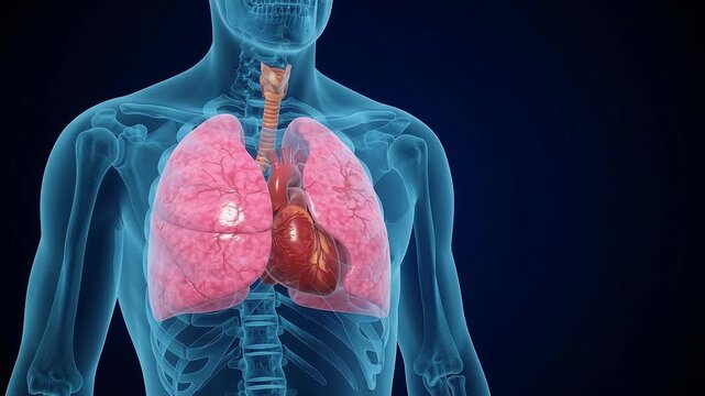3D medical animation of a human skeletal system showing a blue translucent rib cage and spinal column on a dark background.