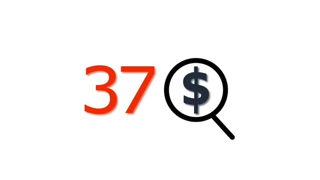 37 dollar price tag with magnifying glass animation for e-commerce and financial marketing search discount