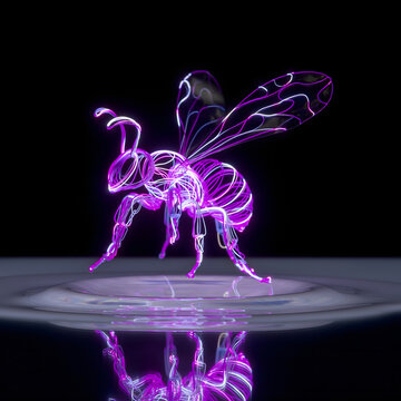 Neon purple honey bee with glowing wireframe wings, futuristic digital insect art on black background. Cyberpunk honeybee illustration with vibrant light trails and reflection. High-tech