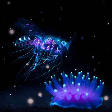 Bioluminescent fantasy insect with glowing neon wings hovering over a vibrant alien flower. Surreal deep sea creature aesthetic with purple and blue light trails in a dark void. Ethereal glowing