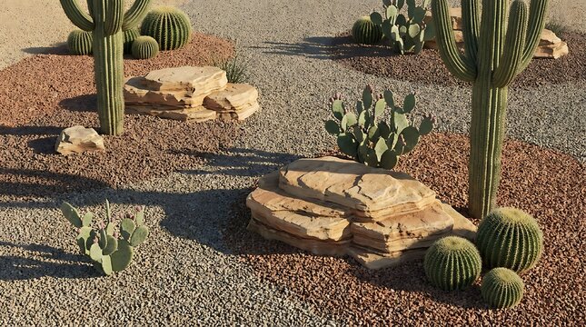 A landscaped arizona front yard featuring native saguaro cacti, golden barrel cactus, and decorative desert rock
