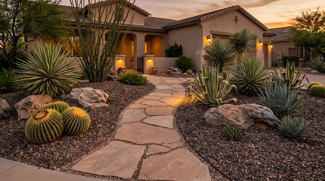 A beautifully landscaped arizona front yard featuring native desert plants and a flagstone pathway at golden hour sunset