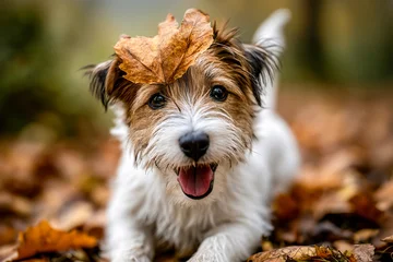 Cute Jack Russell Terrier puppy portrait in autumn. Happy young dog playing with fallen leaves in the forest, smiling playful pet during fall season © Delphotostock